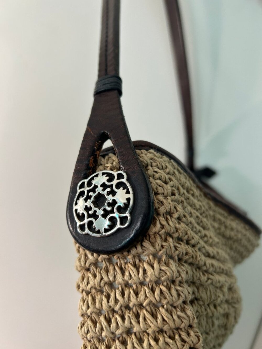 Brighton Straw Crochet Hobo Shoulder Bag Brown Leather Trim Floral Detail Boho - Picture 7 of 14